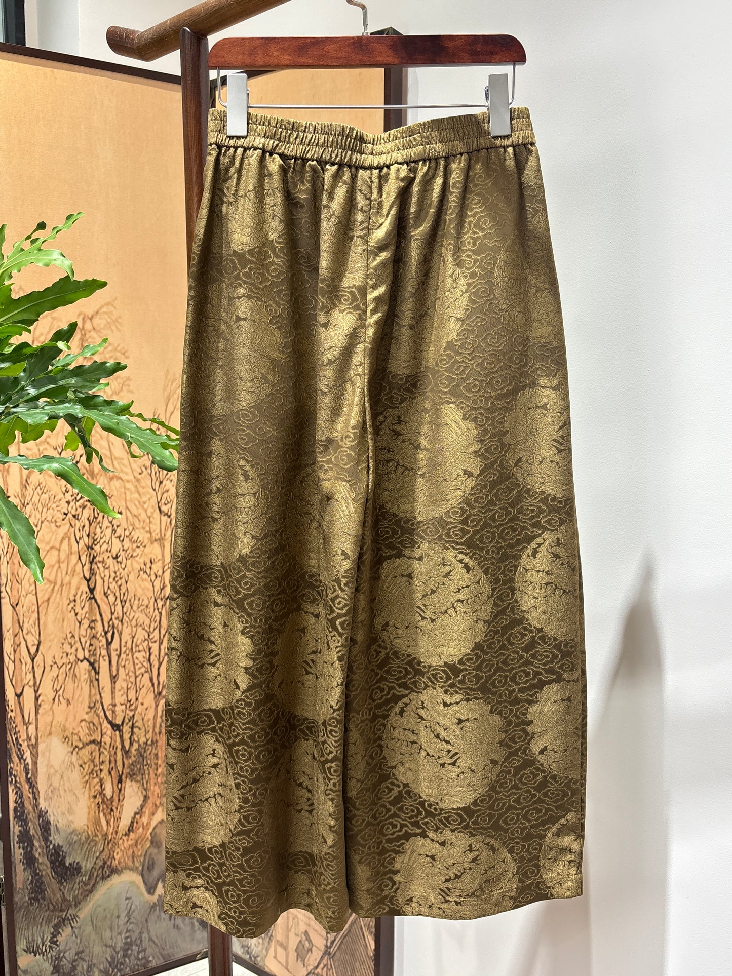 Yellow Printed Acetate Cropped Pants | Luxe Orienta Modern Chinese Elegance