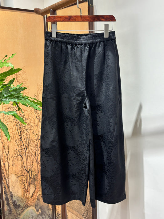 Black Printed Acetate Cropped Pants | Luxe Orienta Modern Chinese Elegance