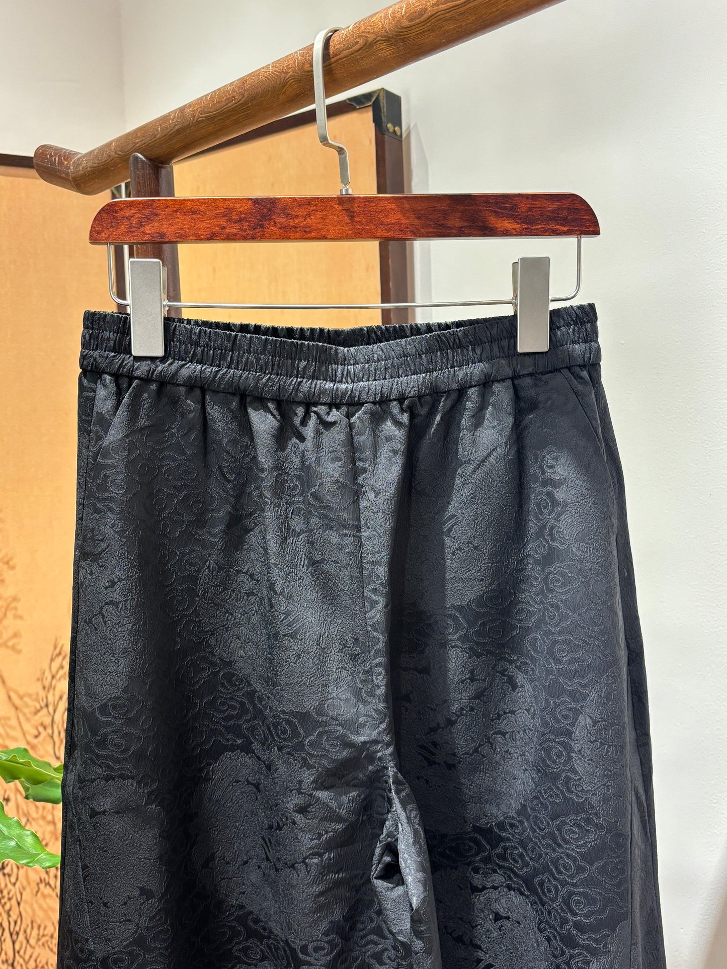 Black Printed Acetate Cropped Pants | Luxe Orienta Modern Chinese Elegance