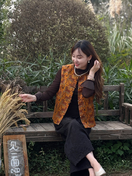 Brown Tiger & Five Poisons Viscose Short Vest – Bold Heritage Elegance by LUXE ORIENTA - Luxe Orienta CO., LIMITED