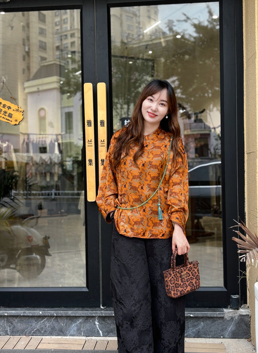 Brown Tiger & Five Poisons Xiangyunsha Blouse | Bold Chinese Heritage