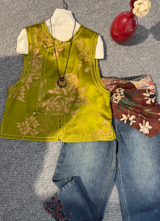 Green Viscose Jacquard Vest – Modern Chinese Fashion, Lightweight Heritage Vest by LUXE ORIENTA - Luxe Orienta CO., LIMITED