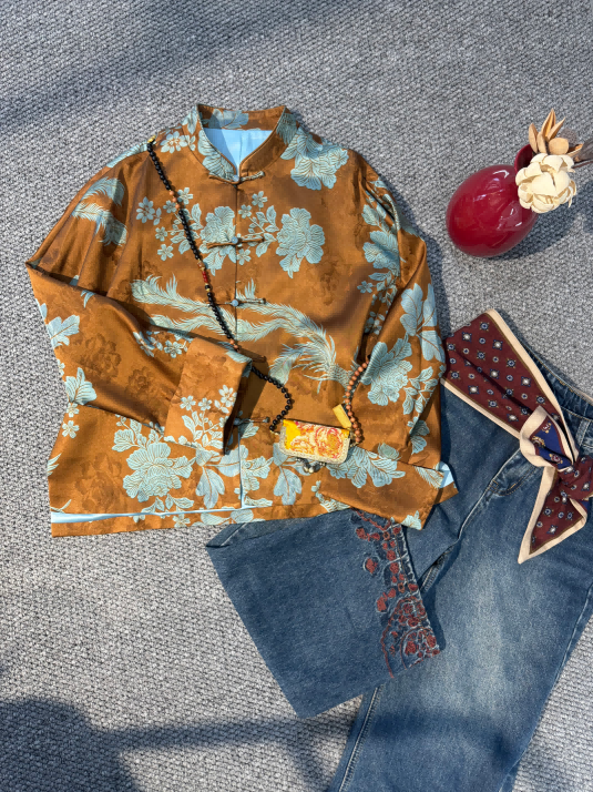 Brown Viscose Xiangyunsha “Flying Phoenix” Jacket – Heritage-Inspired Elegance by LUXE ORIENTA - Luxe Orienta CO., LIMITED