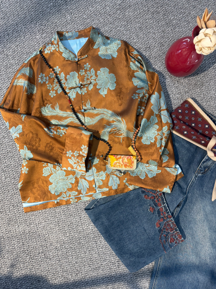 Brown Viscose Xiangyunsha “Flying Phoenix” Jacket – Heritage-Inspired Elegance by LUXE ORIENTA - Luxe Orienta CO., LIMITED