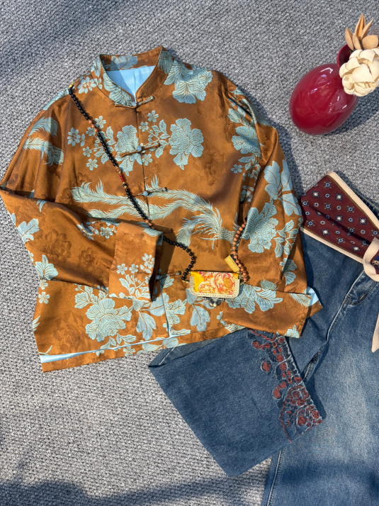 Brown Viscose Xiangyunsha “Flying Phoenix” Jacket – Heritage-Inspired Elegance by LUXE ORIENTA - Luxe Orienta CO., LIMITED