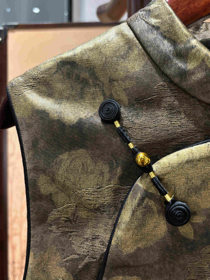 Vintage Tone Printed Vest with Ostrich Feather Trim – Elegant Oriental Statement by LUXE ORIENTA - Luxe Orienta CO., LIMITED