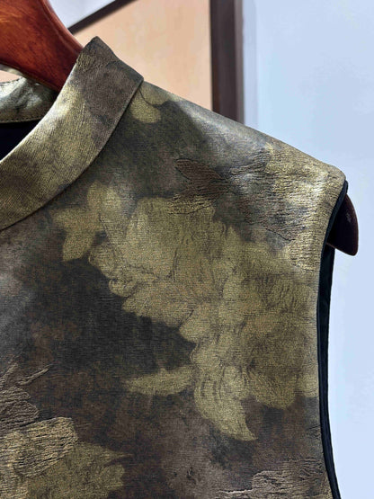 Vintage Tone Printed Vest with Ostrich Feather Trim – Elegant Oriental Statement by LUXE ORIENTA - Luxe Orienta CO., LIMITED