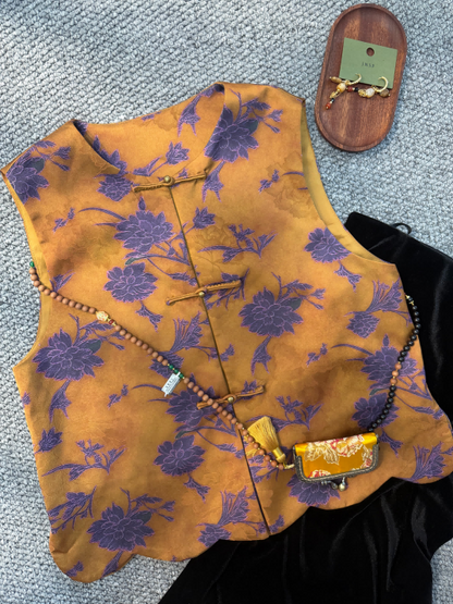 Brown Rayon Jacquard Vest | Luxe Orienta Modern Chinese Vest - Luxe Orienta CO., LIMITED