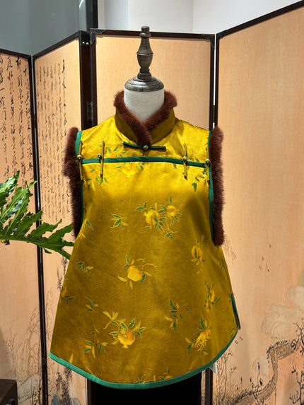 Golden Mulberry Silk Mink Vest with Pomegranate Motif - Luxe Orienta CO., LIMITED