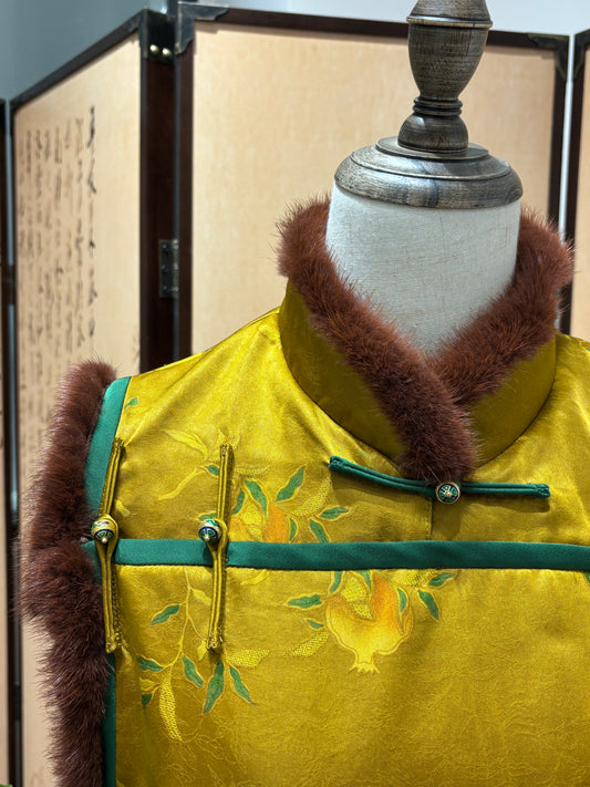 Golden Mulberry Silk Mink Vest with Pomegranate Motif - Luxe Orienta CO., LIMITED