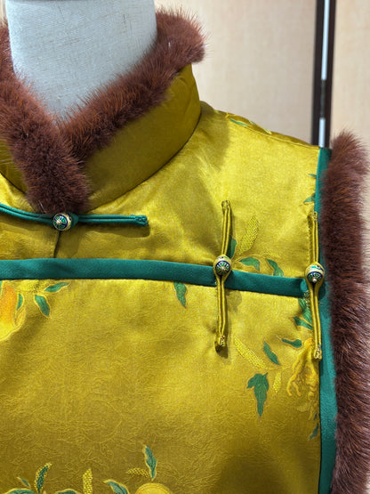 Golden Mulberry Silk Mink Vest with Pomegranate Motif - Luxe Orienta CO., LIMITED