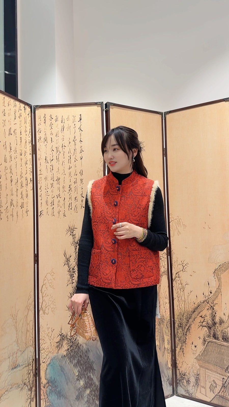 Red Printed Wool-Blend Vest | Modern Oriental Elegance