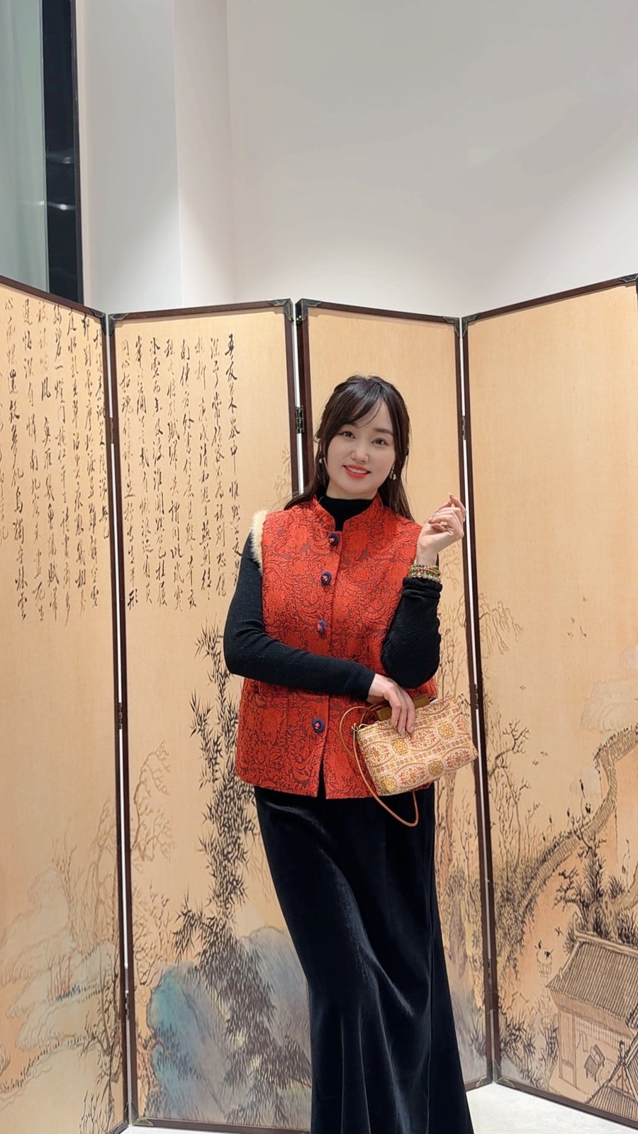 Red Printed Wool-Blend Vest | Modern Oriental Elegance