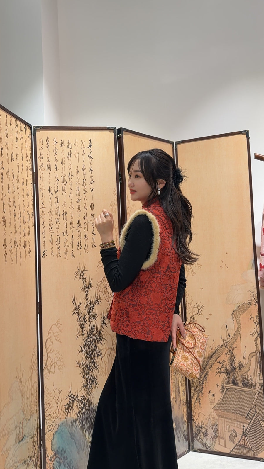 Red Printed Wool-Blend Vest | Modern Oriental Elegance