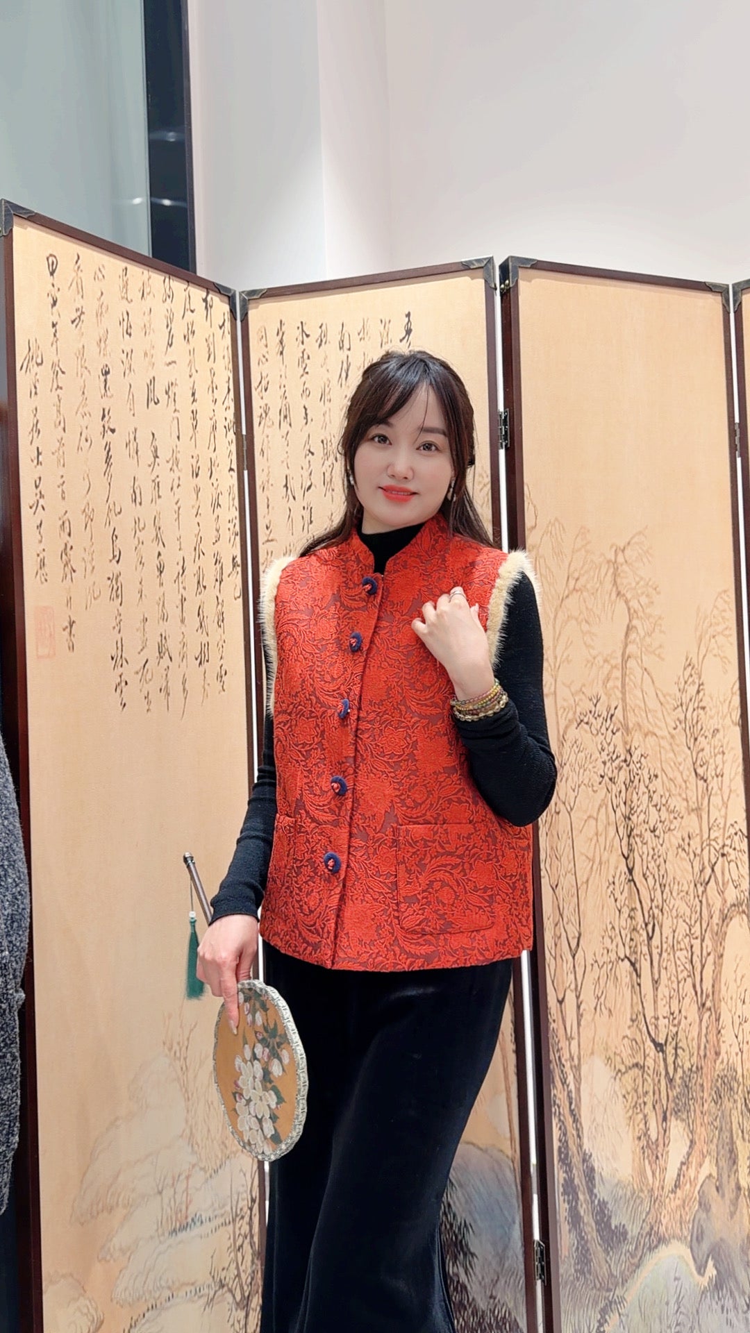 Red Printed Wool-Blend Vest | Modern Oriental Elegance