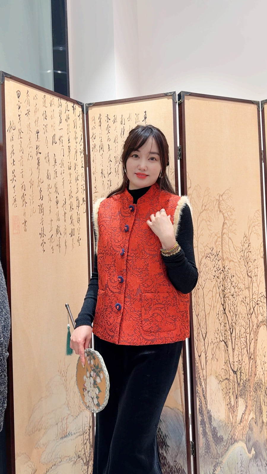 Red Printed Wool-Blend Vest | Modern Oriental Elegance