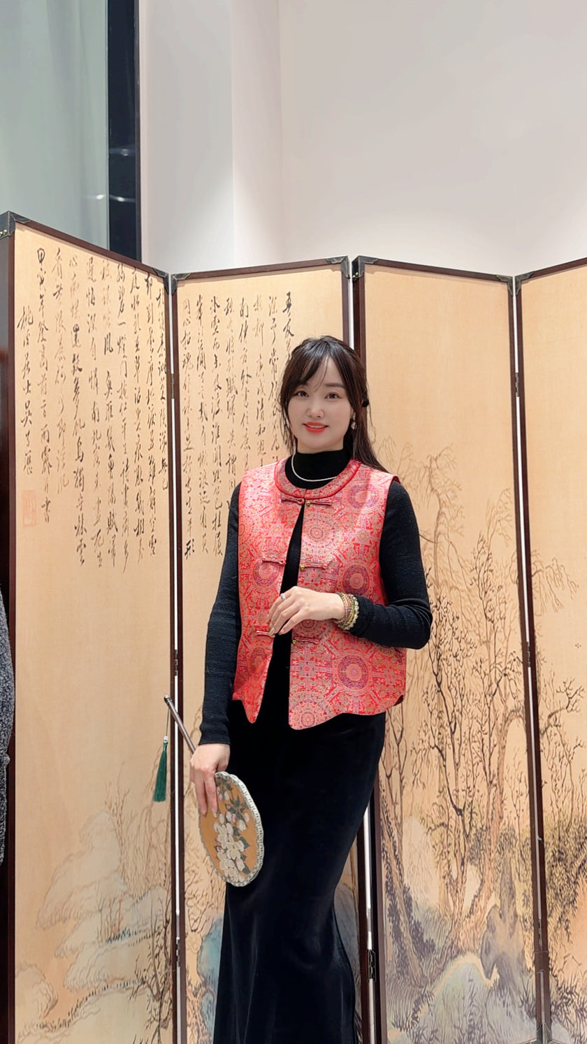Red Song Brocade Vest with Knot Buttons | Modern Chinese Heritage - Luxe Orienta CO., LIMITED