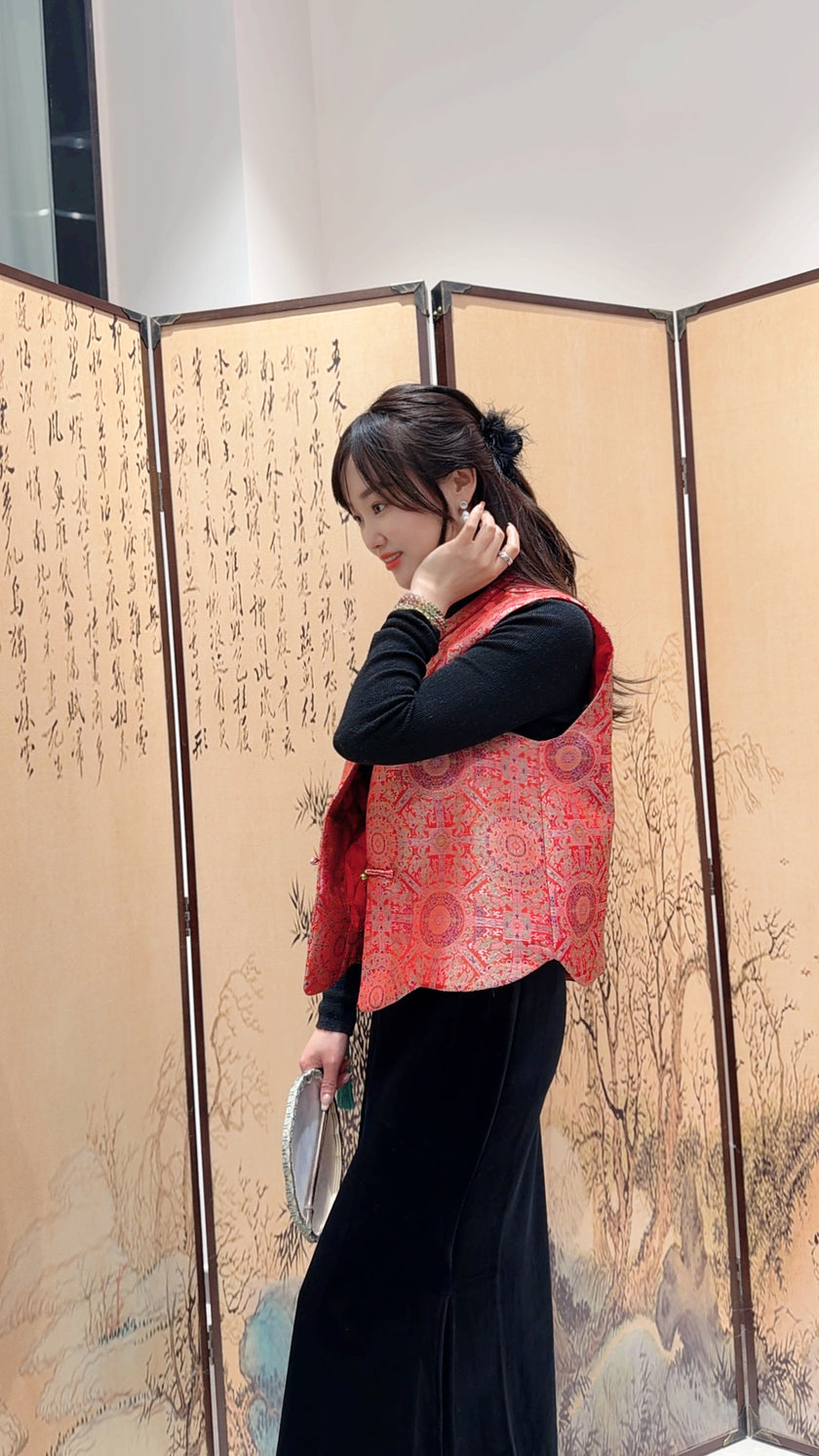 Red Song Brocade Vest with Knot Buttons | Modern Chinese Heritage - Luxe Orienta CO., LIMITED