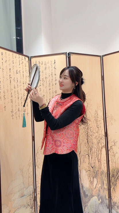 Red Song Brocade Vest with Knot Buttons | Modern Chinese Heritage