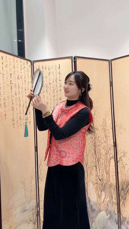 Red Song Brocade Vest with Knot Buttons | Modern Chinese Heritage