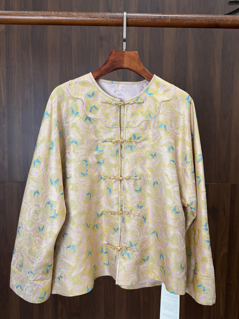 Pink Song Brocade Mulberry Silk Butterfly Jacket | Modern Chinese Frog Button Coat - Luxe Orienta CO., LIMITED