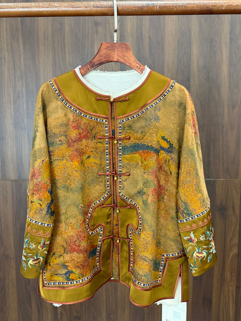 100% Mulberry Silk Printed Frog Button Jacket | Modern Chinese Embroidered Silk Top - Luxe Orienta CO., LIMITED