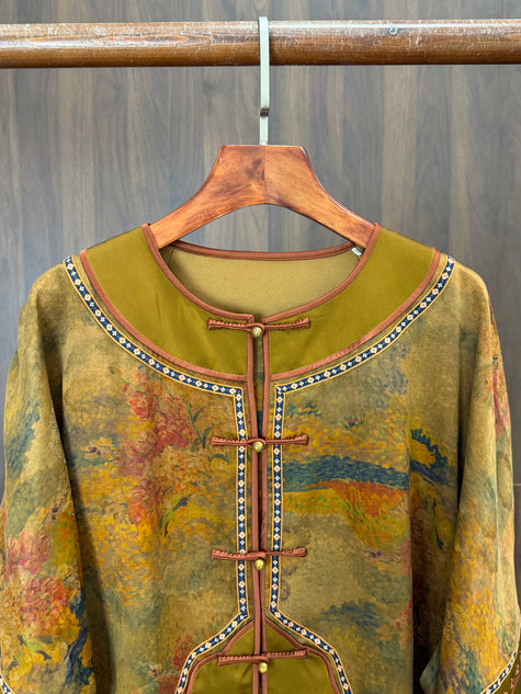 100% Mulberry Silk Printed Frog Button Jacket | Modern Chinese Embroidered Silk Top - Luxe Orienta CO., LIMITED