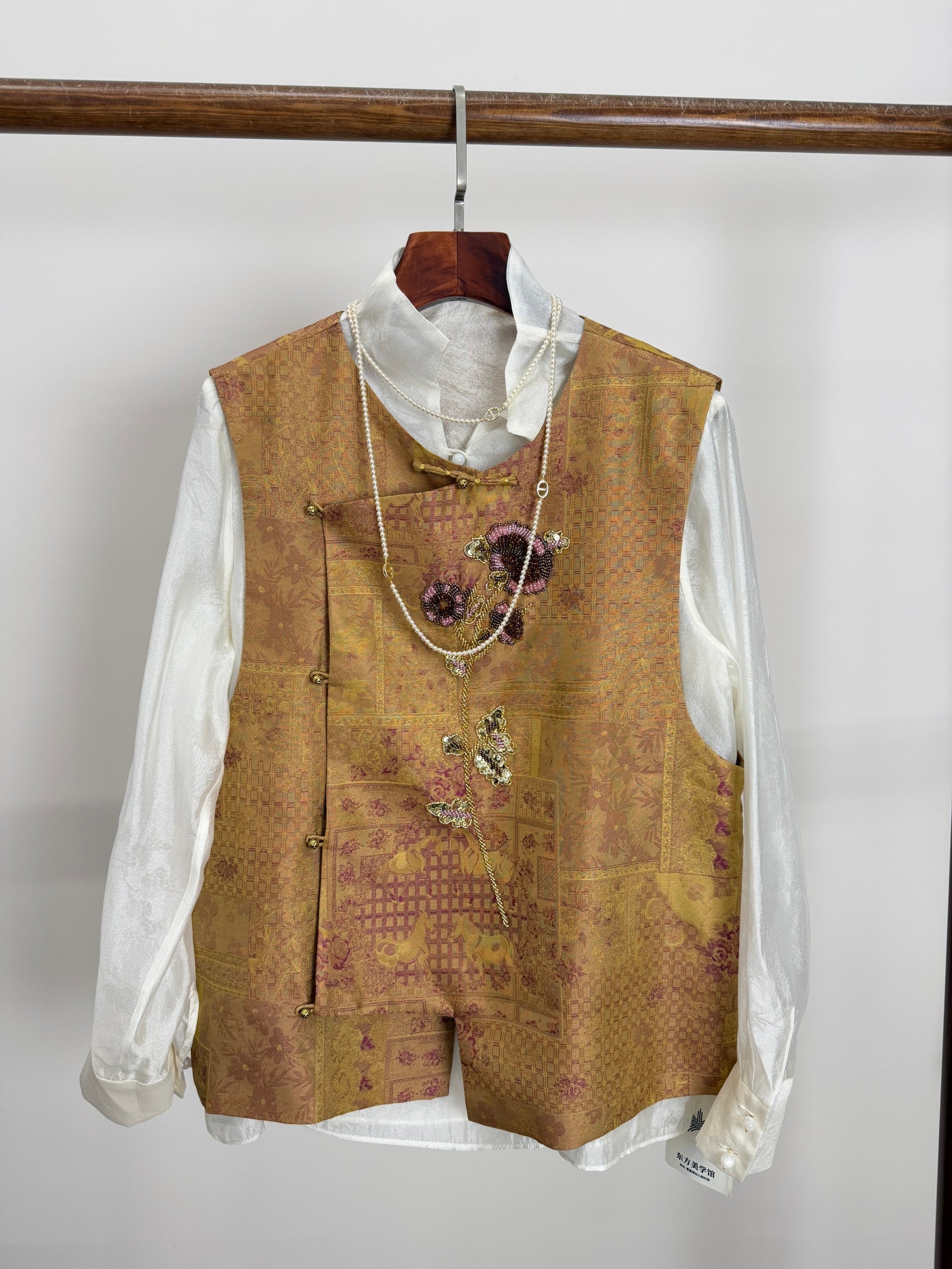 Golden Song Brocade Beaded Floral Vest | Mulberry Silk Modern Chinese Style Waistcoat - Luxe Orienta CO., LIMITED