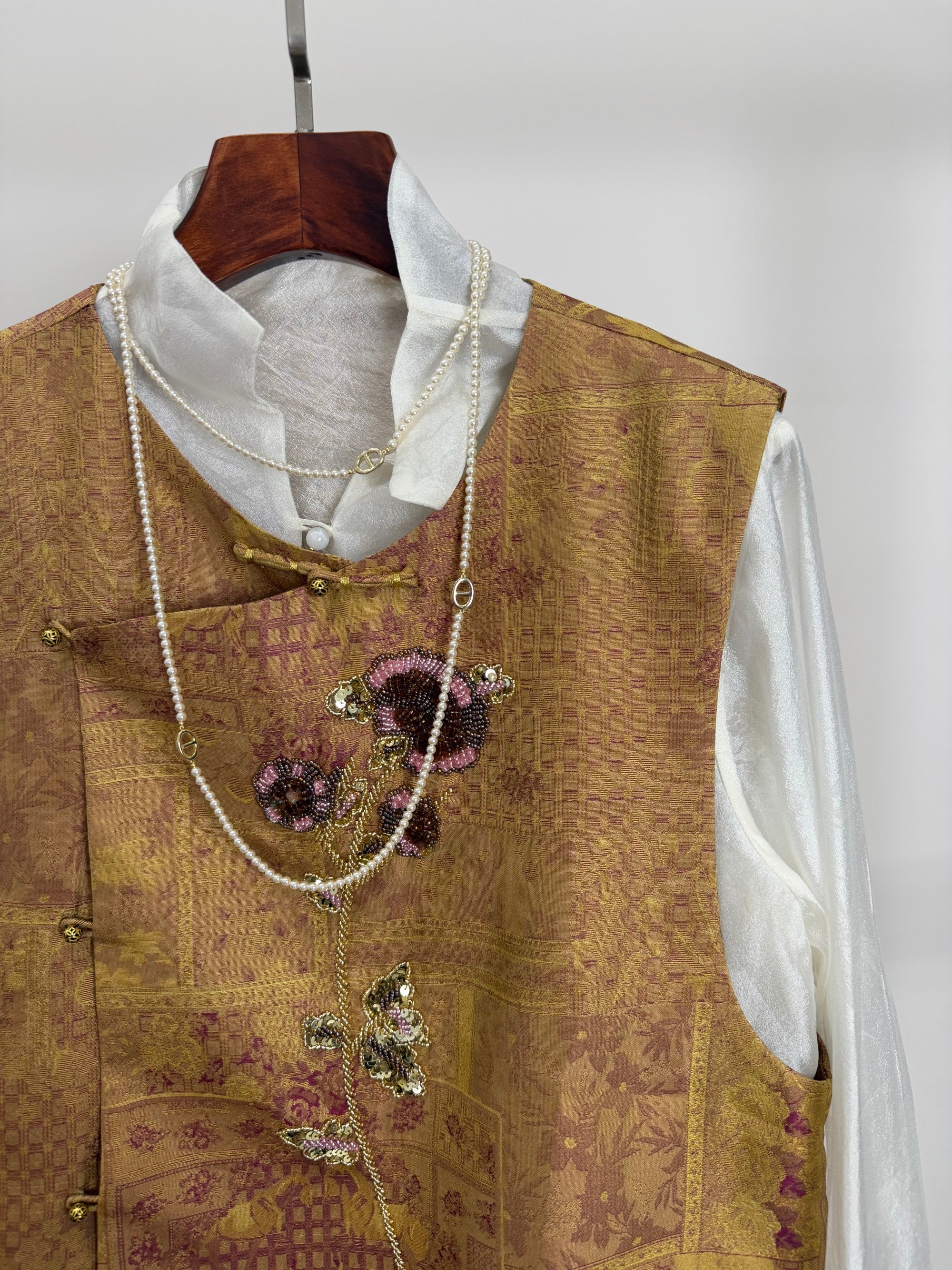 Golden Song Brocade Beaded Floral Vest | Mulberry Silk Modern Chinese Style Waistcoat - Luxe Orienta CO., LIMITED