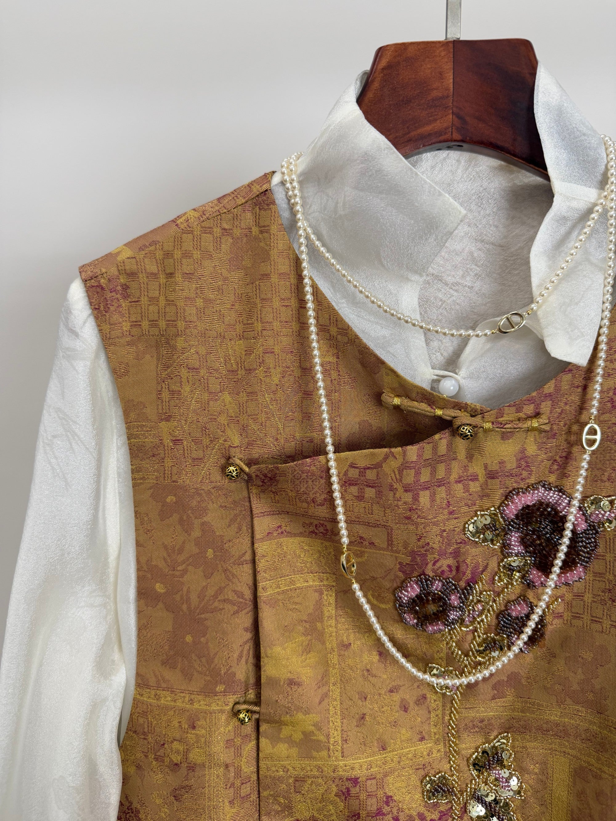 Golden Song Brocade Beaded Floral Vest | Mulberry Silk Modern Chinese Style Waistcoat - Luxe Orienta CO., LIMITED