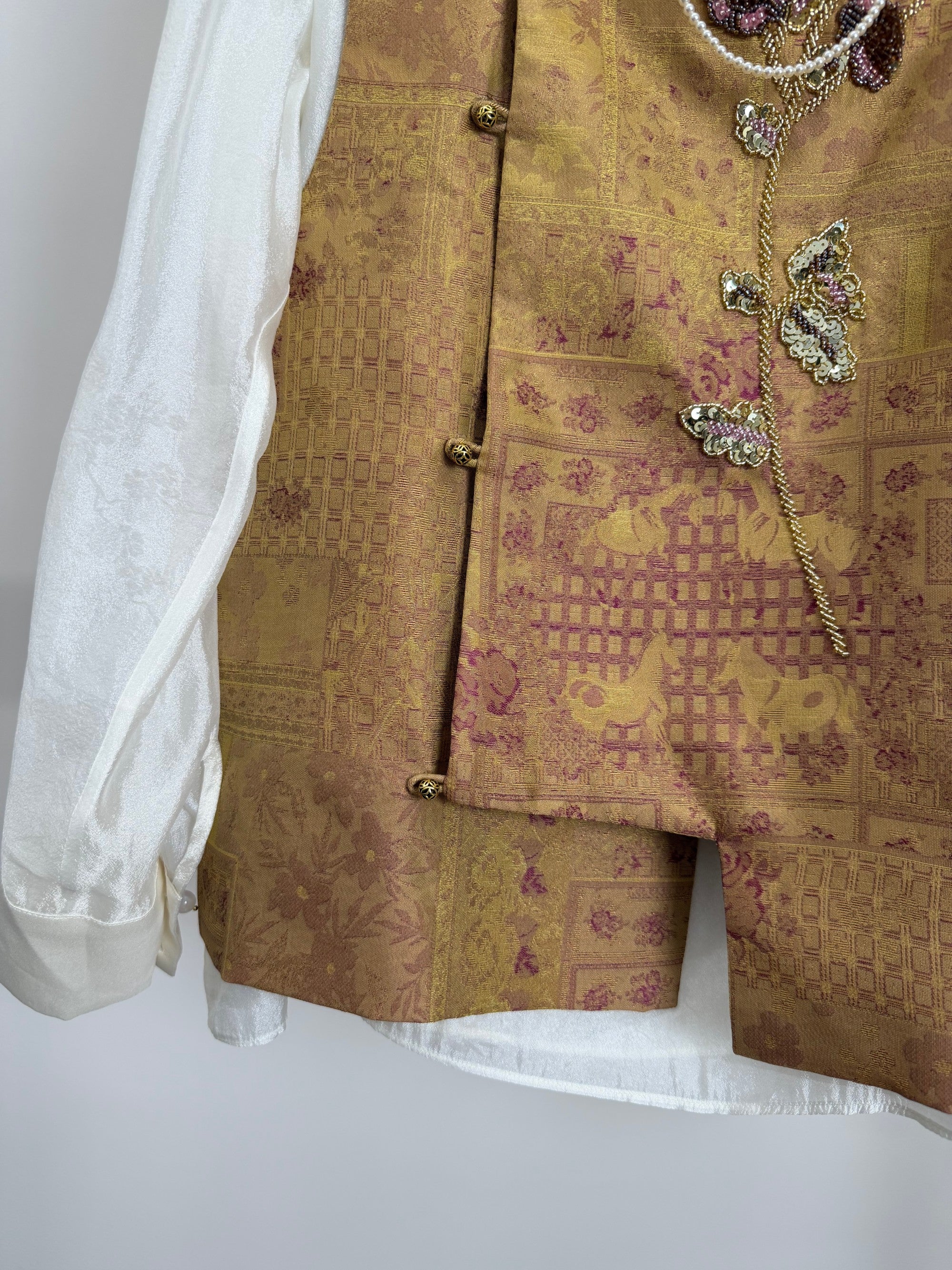 Golden Song Brocade Beaded Floral Vest | Mulberry Silk Modern Chinese Style Waistcoat - Luxe Orienta CO., LIMITED