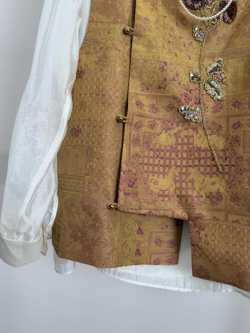 Golden Song Brocade Beaded Floral Vest | Mulberry Silk Modern Chinese Style Waistcoat - Luxe Orienta CO., LIMITED
