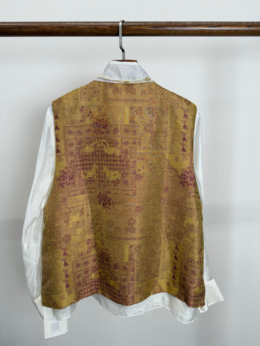 Golden Song Brocade Beaded Floral Vest | Mulberry Silk Modern Chinese Style Waistcoat - Luxe Orienta CO., LIMITED