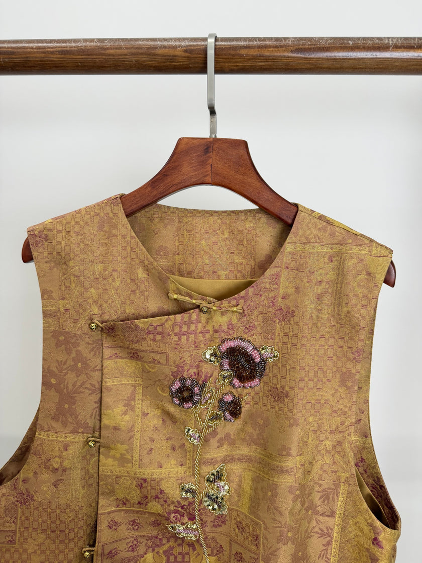 Golden Song Brocade Beaded Floral Vest | Mulberry Silk Modern Chinese Style Waistcoat - Luxe Orienta CO., LIMITED
