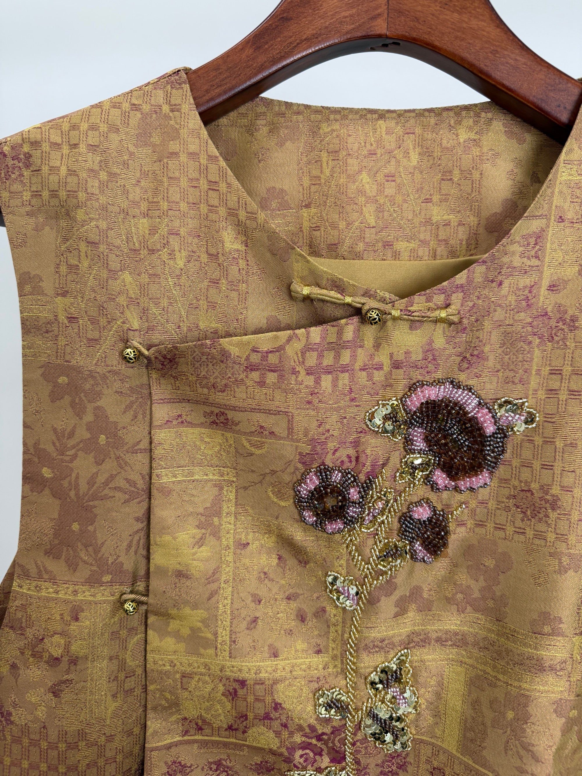 Golden Song Brocade Beaded Floral Vest | Mulberry Silk Modern Chinese Style Waistcoat - Luxe Orienta CO., LIMITED