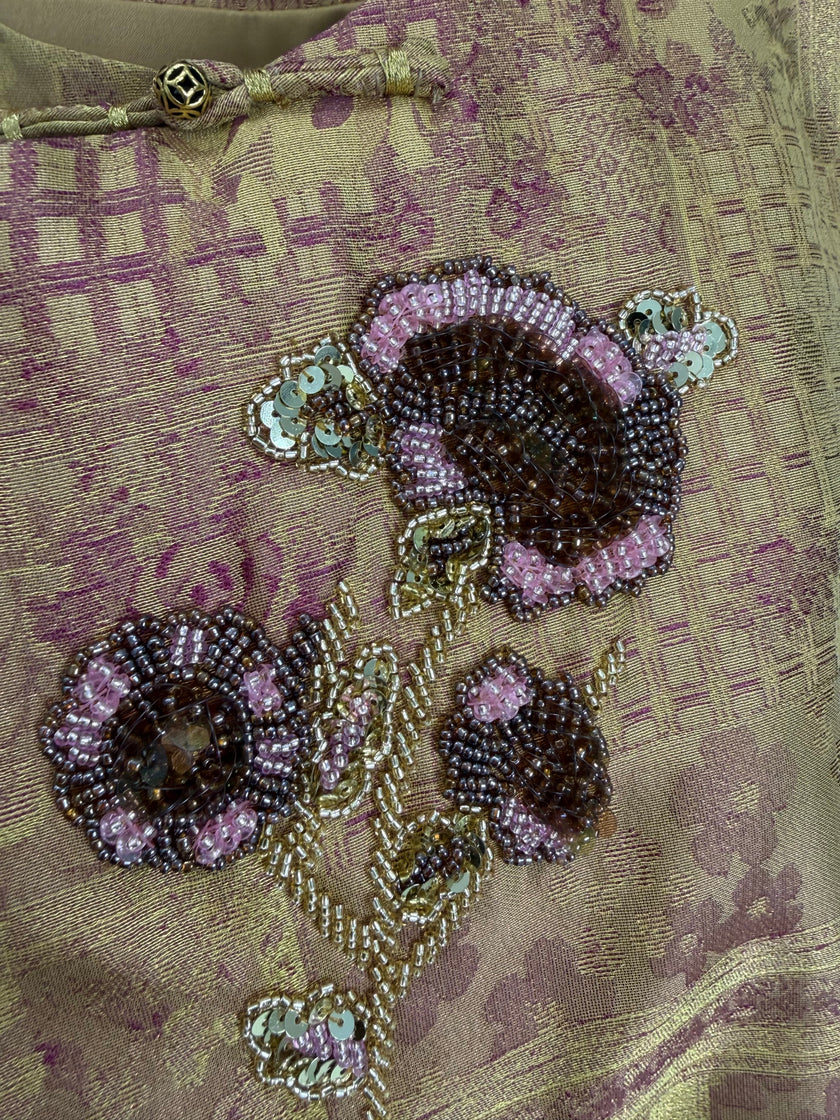 Golden Song Brocade Beaded Floral Vest | Mulberry Silk Modern Chinese Style Waistcoat - Luxe Orienta CO., LIMITED