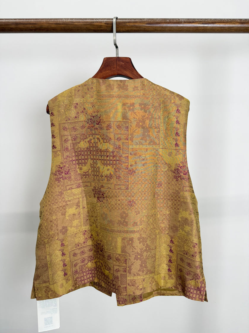 Golden Song Brocade Beaded Floral Vest | Mulberry Silk Modern Chinese Style Waistcoat - Luxe Orienta CO., LIMITED