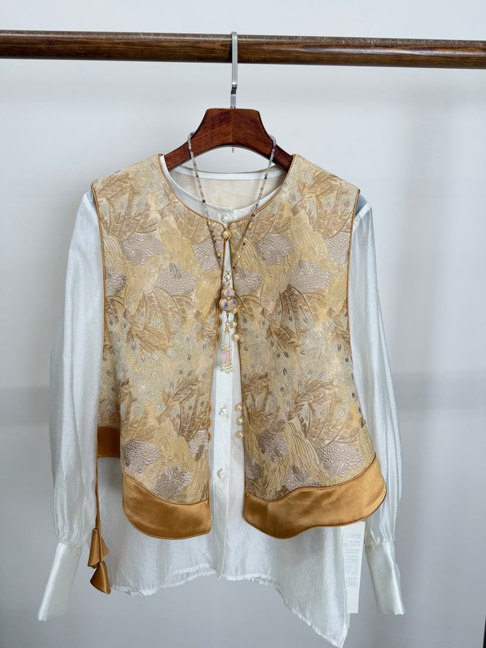 Golden Phoenix Jacquard Brocade Vest with Wave Hem | Modern Chinese Elegance - Luxe Orienta CO., LIMITED