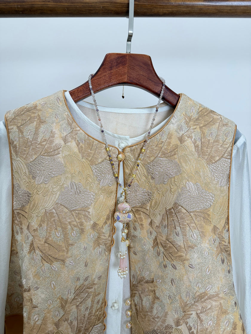 Golden Phoenix Jacquard Brocade Vest with Wave Hem | Modern Chinese Elegance - Luxe Orienta CO., LIMITED