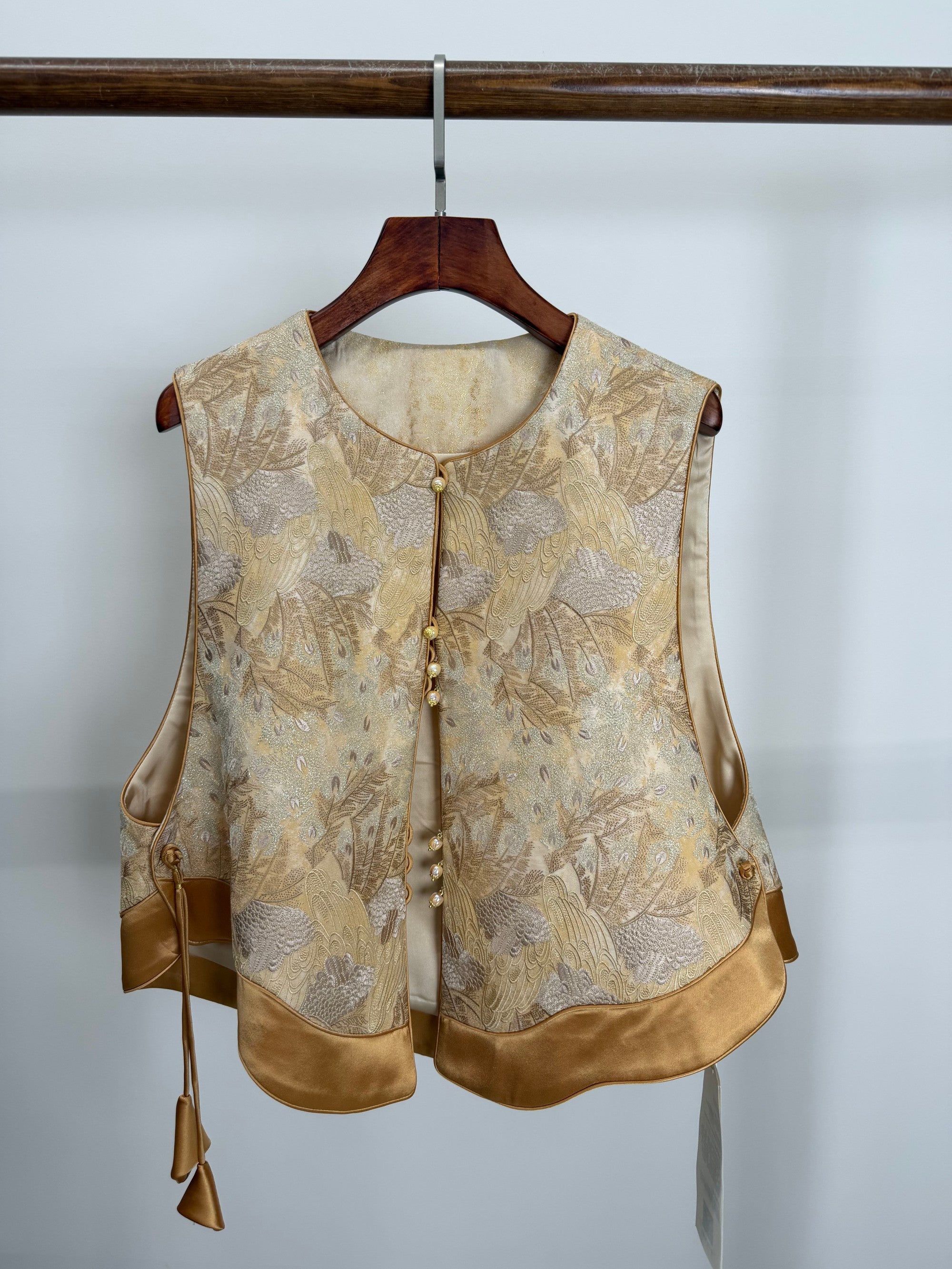 Golden Phoenix Jacquard Brocade Vest with Wave Hem | Modern Chinese Elegance - Luxe Orienta CO., LIMITED