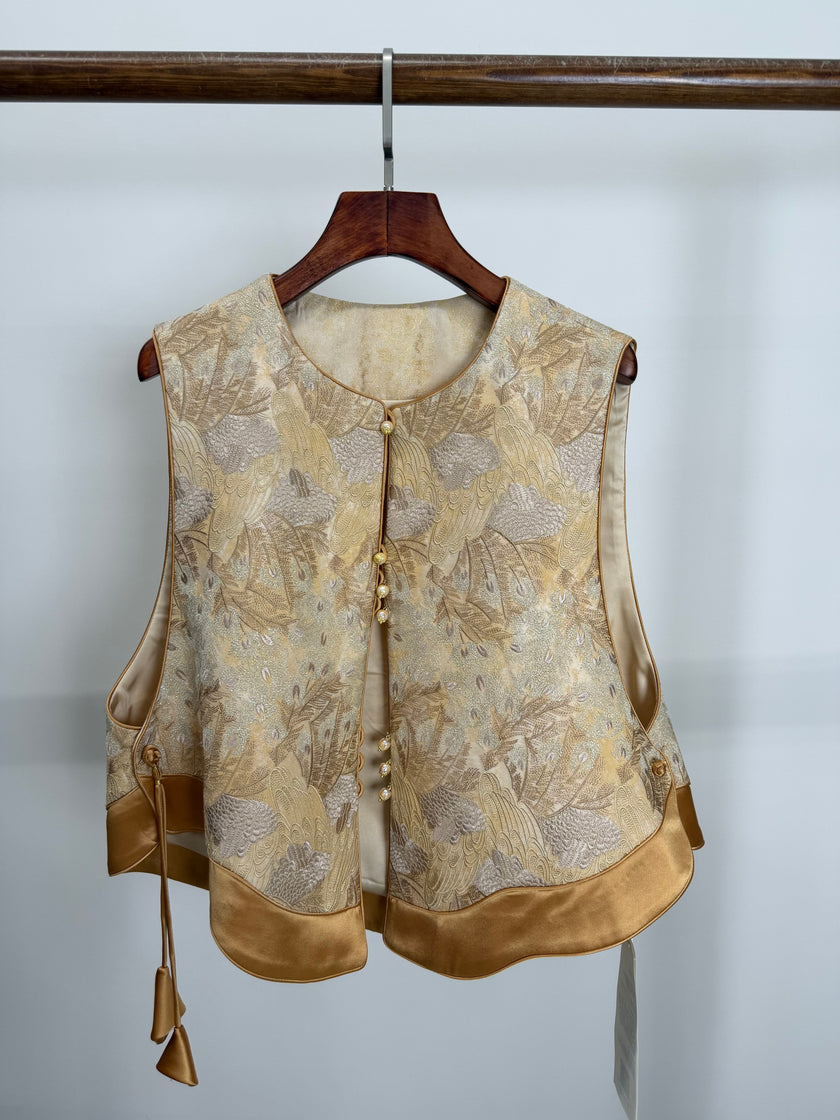 Golden Phoenix Jacquard Brocade Vest with Wave Hem | Modern Chinese Elegance - Luxe Orienta CO., LIMITED