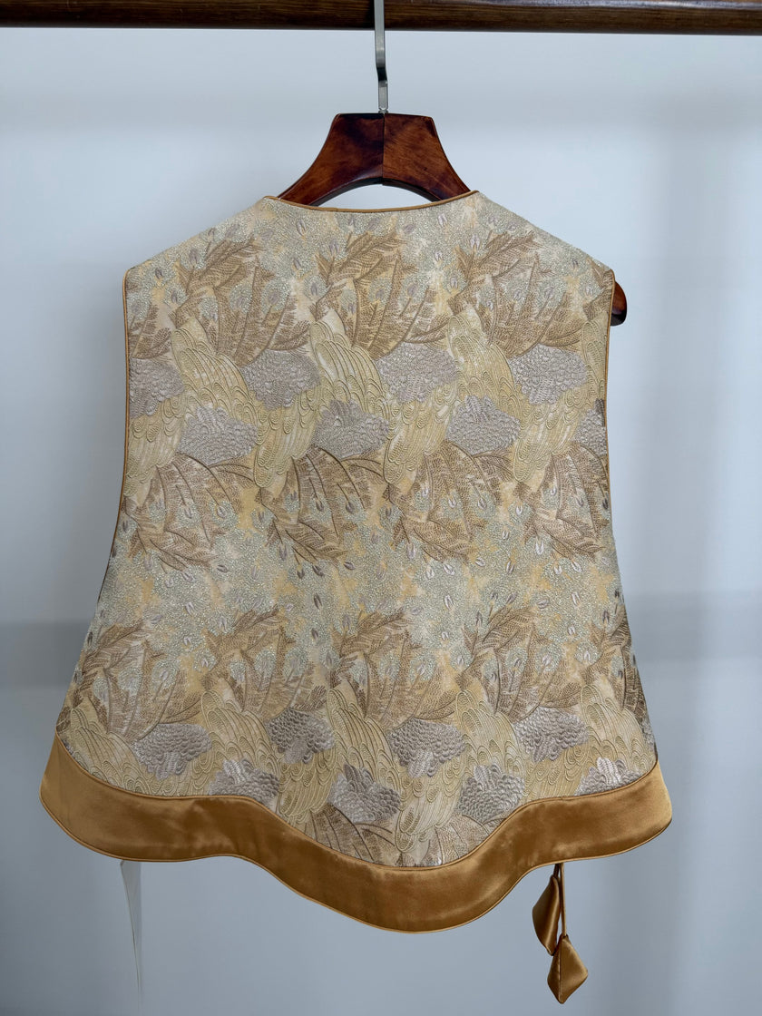 Golden Phoenix Jacquard Brocade Vest with Wave Hem | Modern Chinese Elegance - Luxe Orienta CO., LIMITED