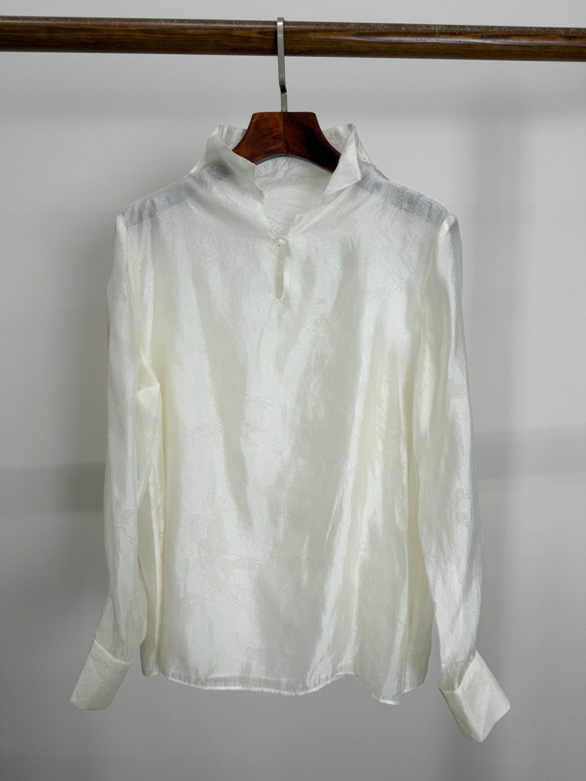 white bamboo jacquard rayon blouse stand collar modern chinese fashion luxe orienta
