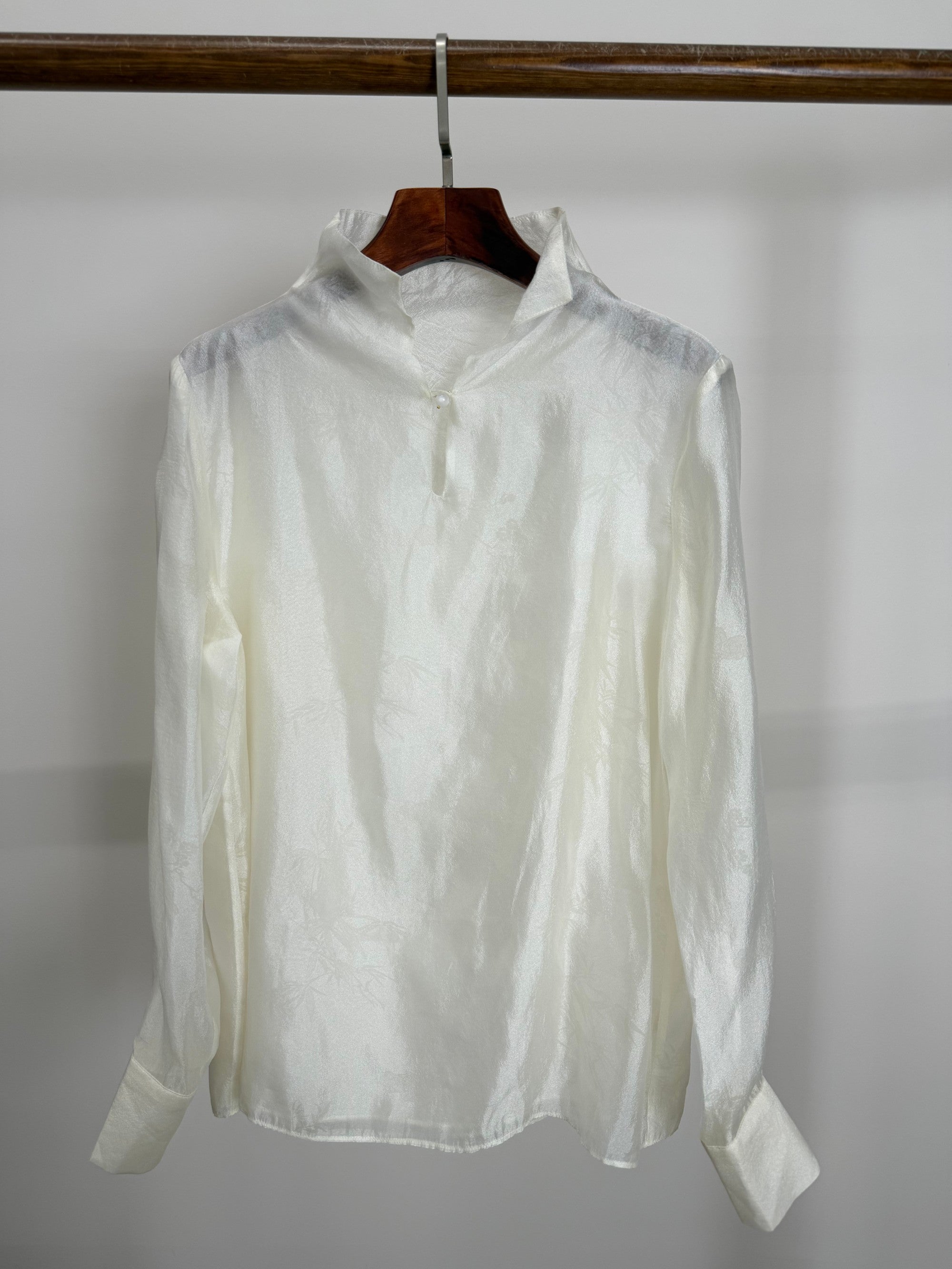 white bamboo jacquard rayon blouse stand collar modern chinese fashion luxe orienta