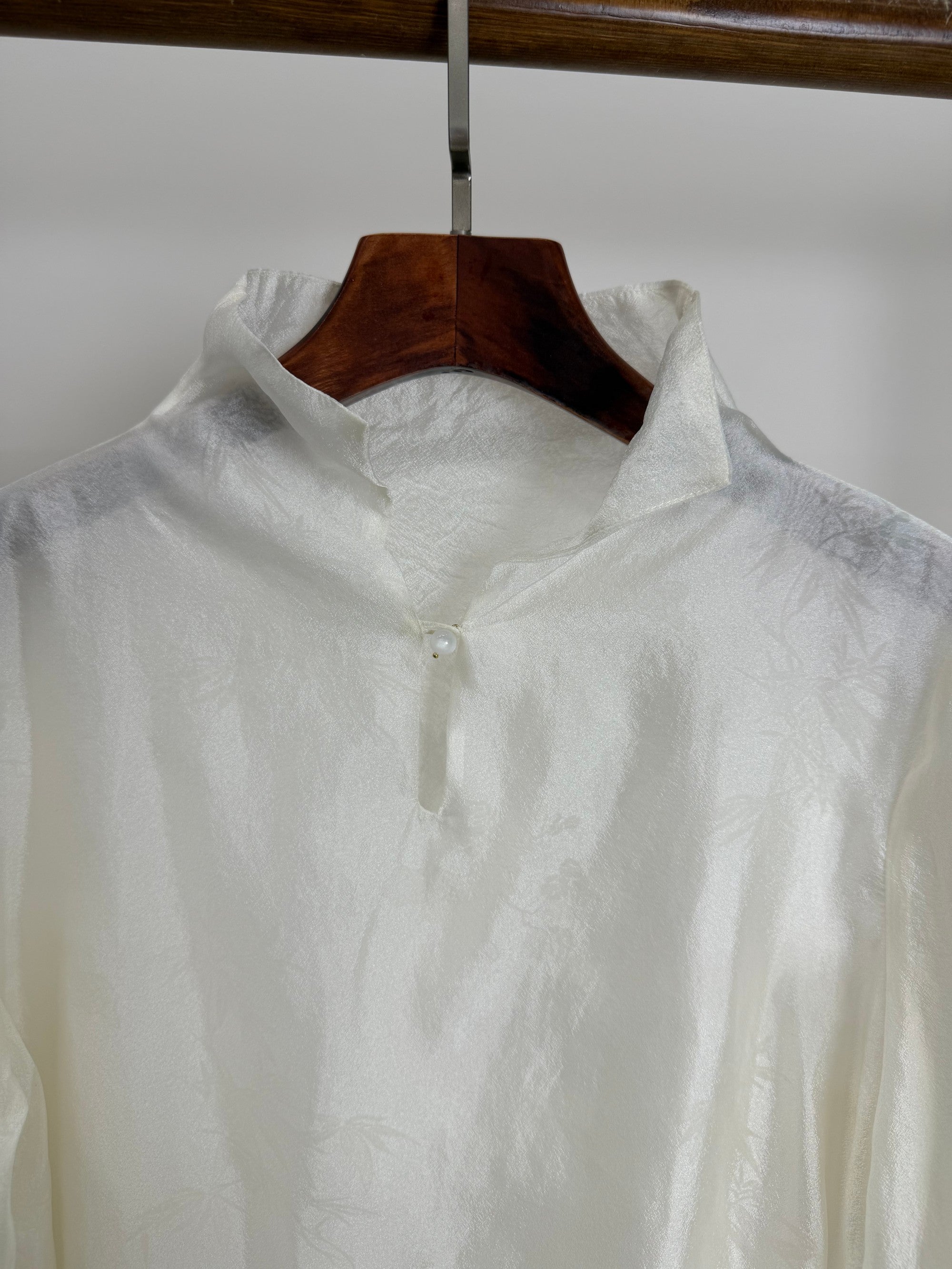 white bamboo jacquard rayon blouse stand collar modern chinese fashion luxe orienta