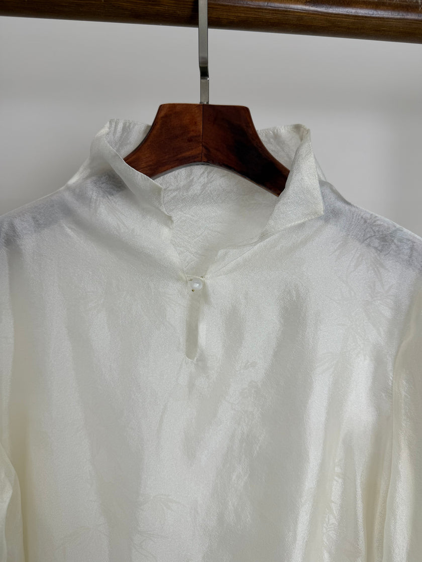white bamboo jacquard rayon blouse stand collar modern chinese fashion luxe orienta