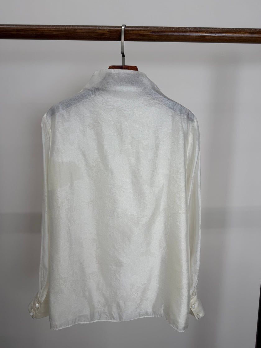 white bamboo jacquard rayon blouse stand collar modern chinese fashion luxe orienta