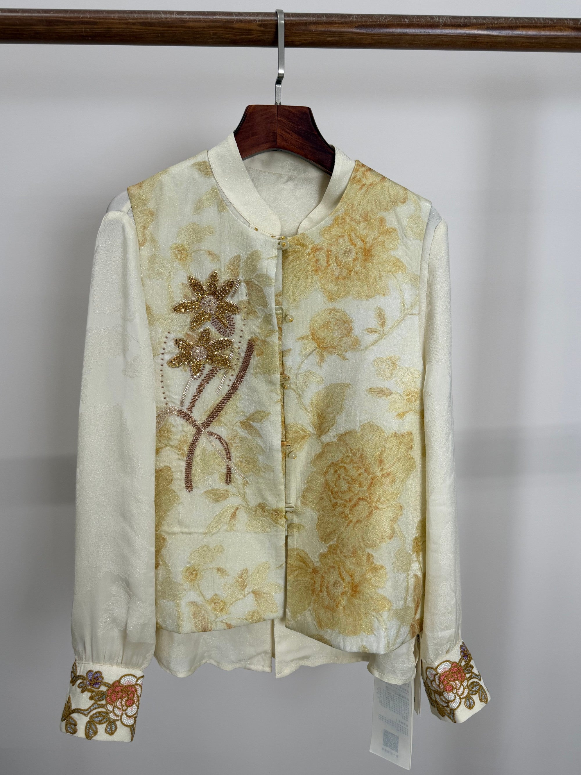 Light Yellow Jacquard Beaded Embroidered Vest | Peony Modern Chinese Style Waistcoat - Luxe Orienta CO., LIMITED