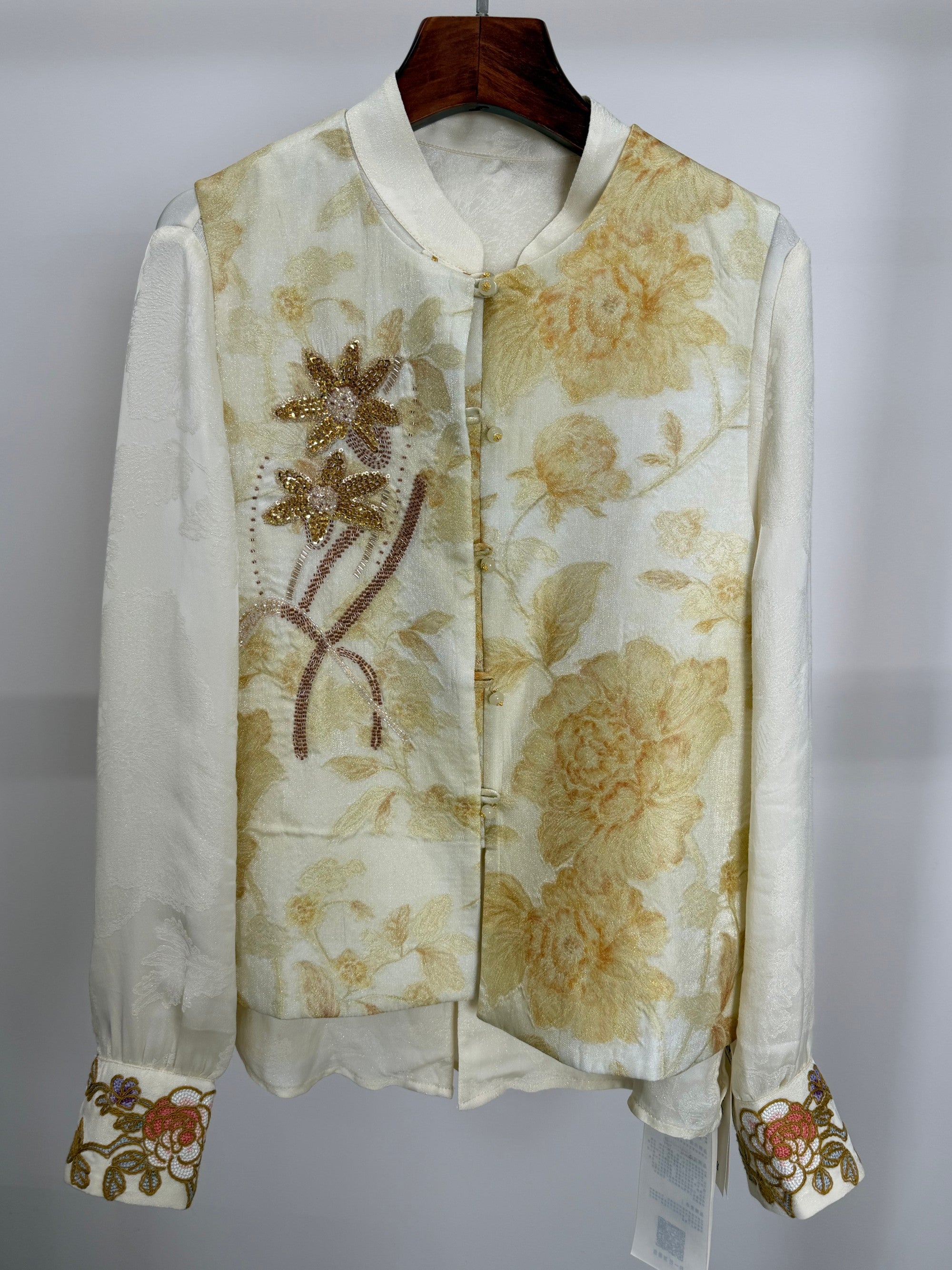 Light Yellow Jacquard Beaded Embroidered Vest | Peony Modern Chinese Style Waistcoat - Luxe Orienta CO., LIMITED