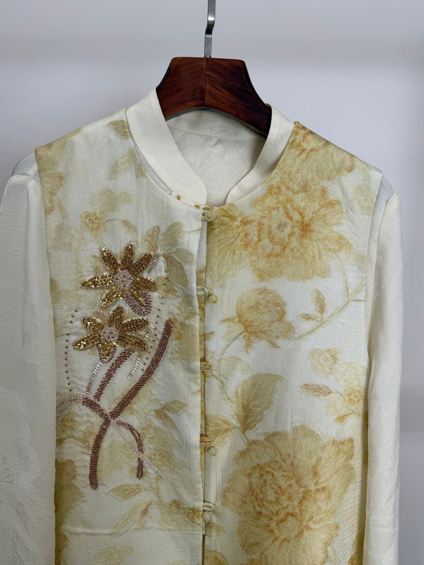 Light Yellow Jacquard Beaded Embroidered Vest | Peony Modern Chinese Style Waistcoat - Luxe Orienta CO., LIMITED